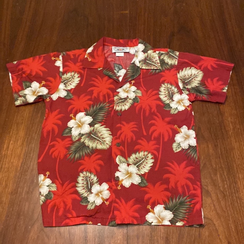 Boys Hawaiian shirt L holiday green red whiteleaf pacific legend apparel likenew